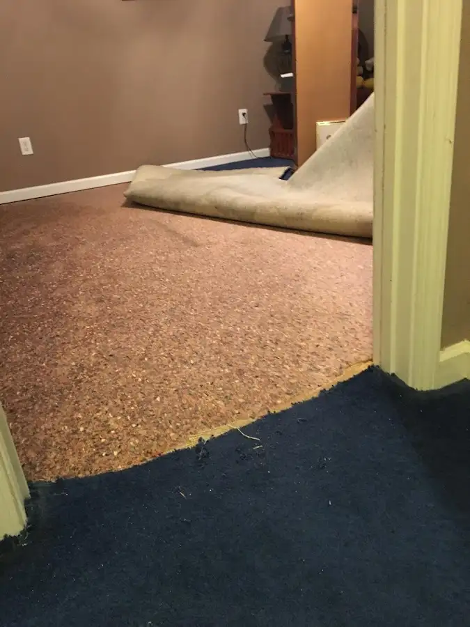 Carpet pad removal revealing water damage during Drying & Dehumidification in Cumberland